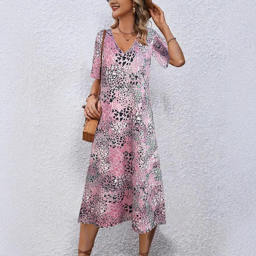 Women V-neck printed short sleeved dress印花连衣裙V领短袖女