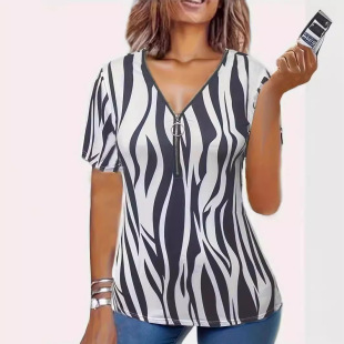 Women printed V-neck zipper short sleeved shirt女V领拉链短袖