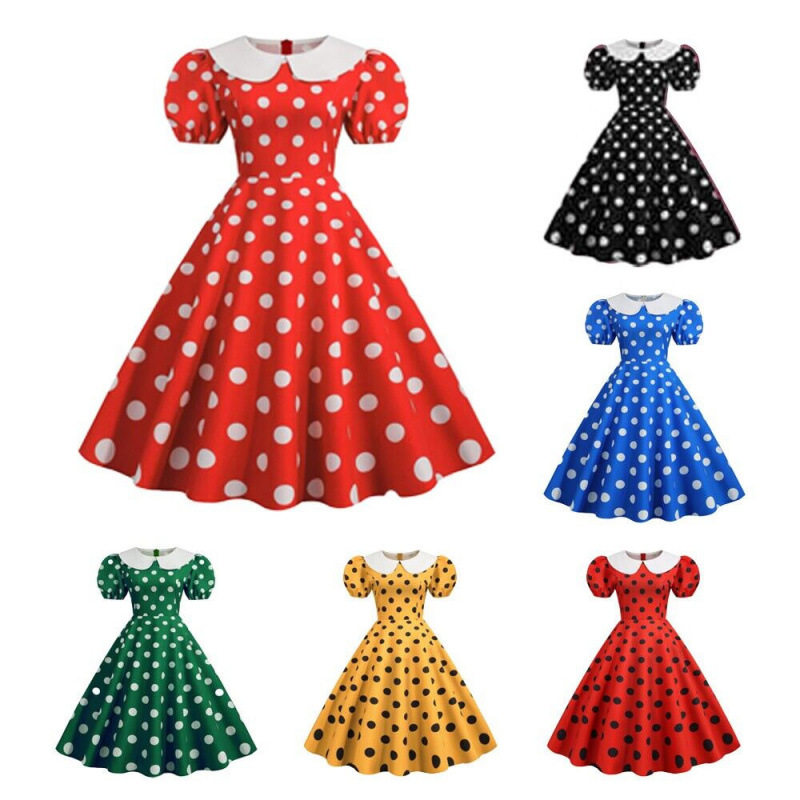 Women polka dot short sleeved dress波点短袖娃娃领大摆连衣裙