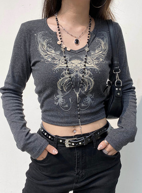 Y2K Crop Top Women Vintage Grunge Graphic Print Slim Fit