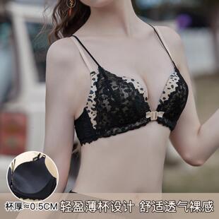 6081性感蕾丝豹纹前扣美背内衣女无钢圈小胸聚拢上托文胸套装 法式