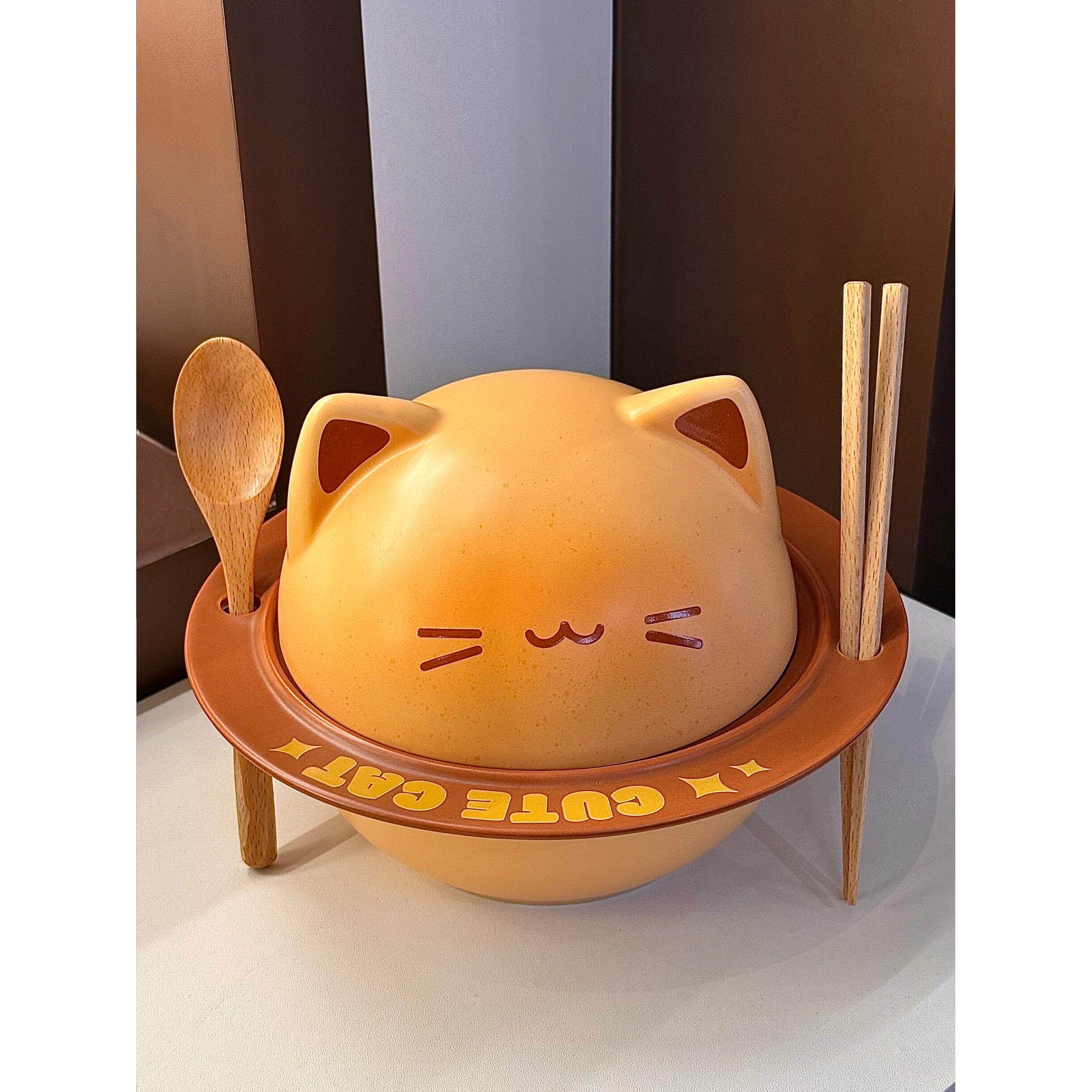 烤面包小猫泡面碗带盖陶瓷大容量螺蛳粉碗家用两边防烫伤可放餐具