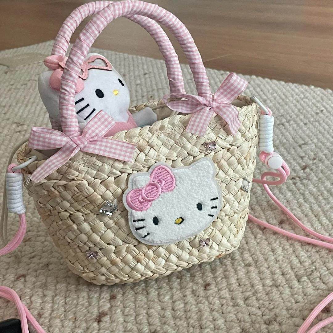 kitty猫草编手提包可爱编织包百搭夏季海边度假单肩包斜跨手提包