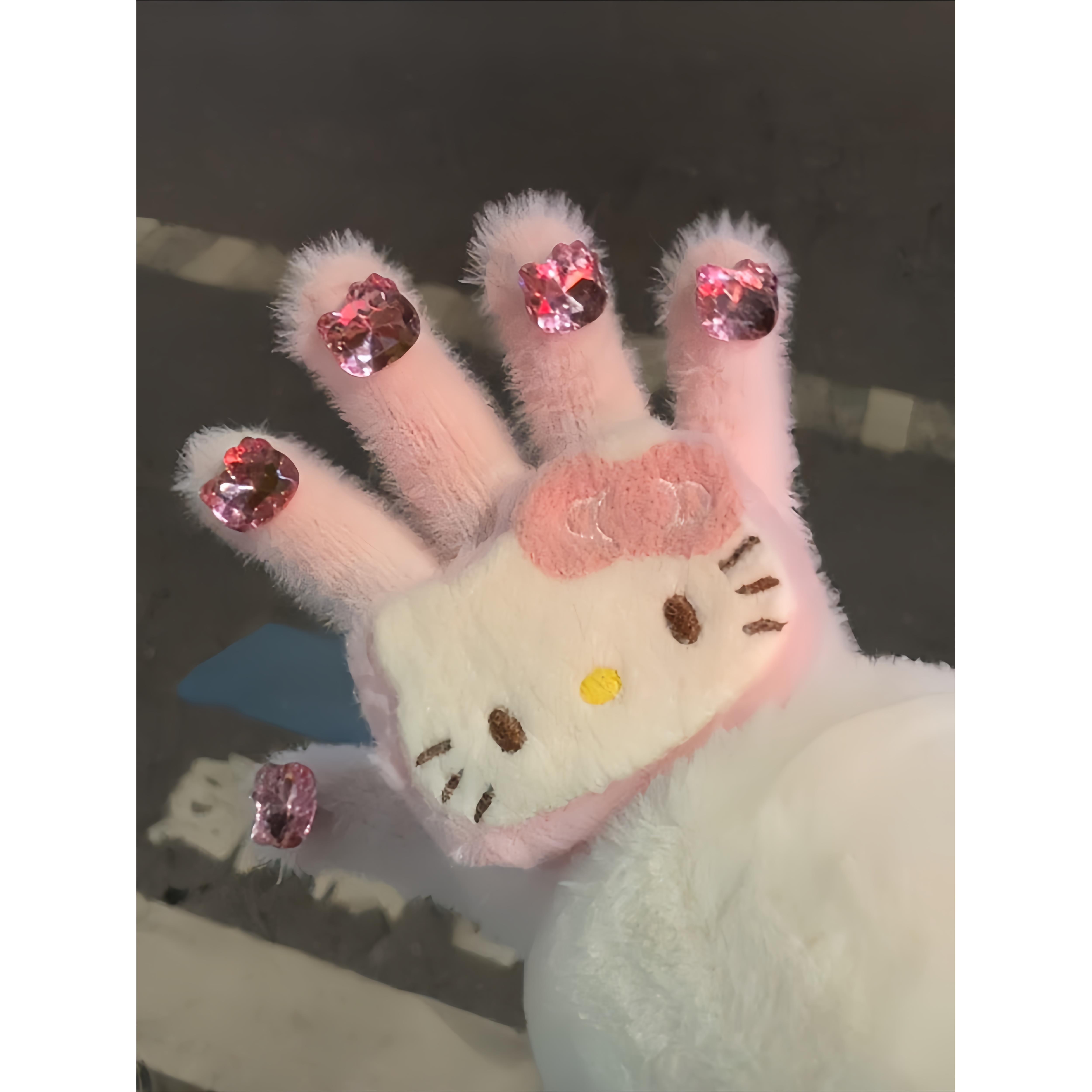 可爱带钻kitty手套女秋冬保暖毛绒分指户外骑行滑雪防寒防滑学生