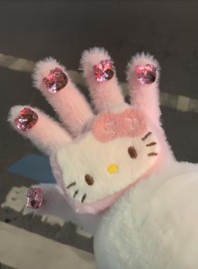 可爱带钻kitty手套女秋冬保暖毛绒分指户外骑行滑雪防寒防滑学生