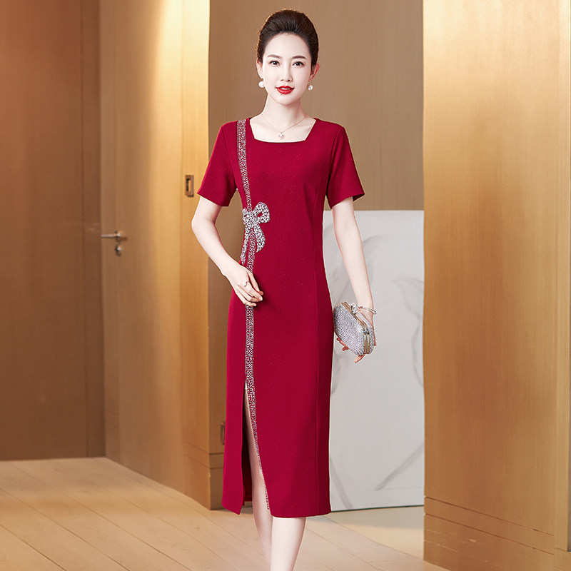 简约高档妈妈装婚宴喜庆结婚礼服夏季短袖气质显瘦开叉过膝连衣裙