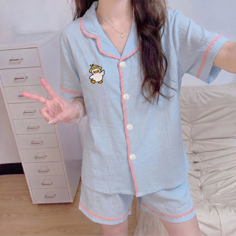 夏季清新云朵棉睡衣女薄款透气小鸭子短袖韩系撞色包边家居服套装