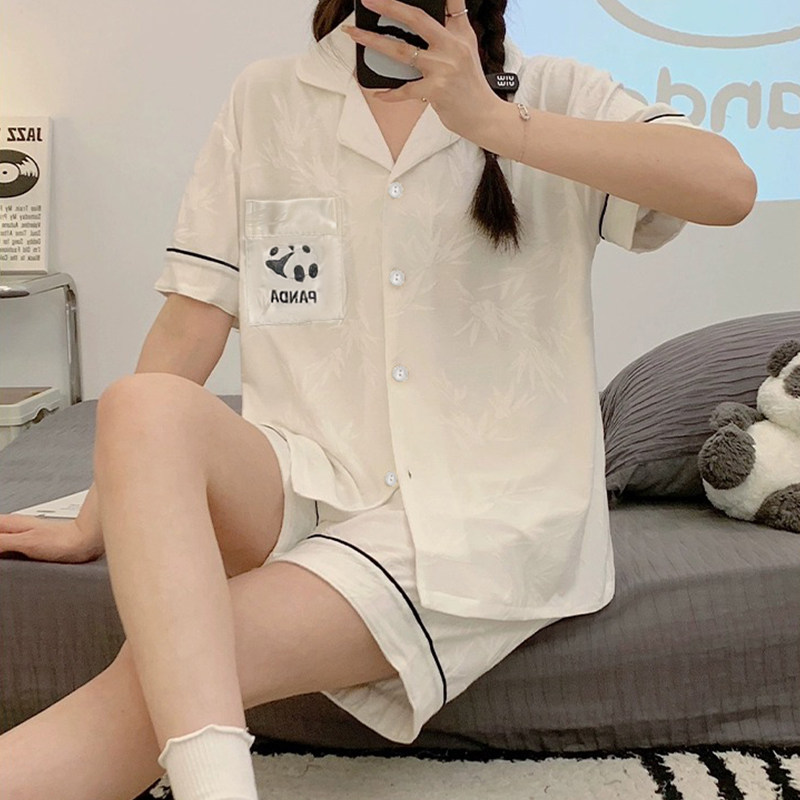可爱熊猫刺绣睡衣女夏季 纯棉感透气短袖 学生宿舍家居服两件套