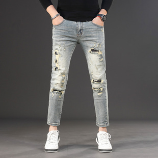 秋季复古破洞补丁浅色牛仔裤男款潮流修身小脚显瘦矮个子九分裤子