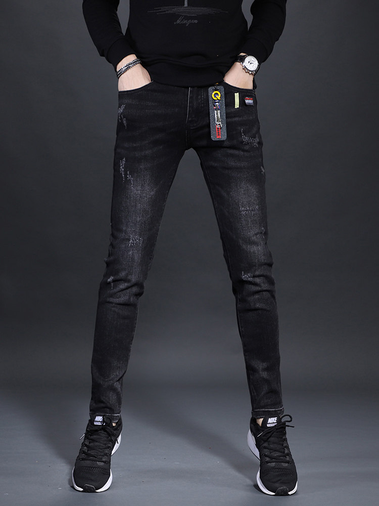 2025休闲黑色高弹力牛仔裤男款修身小脚紧身男士夏季薄款爆款裤子
