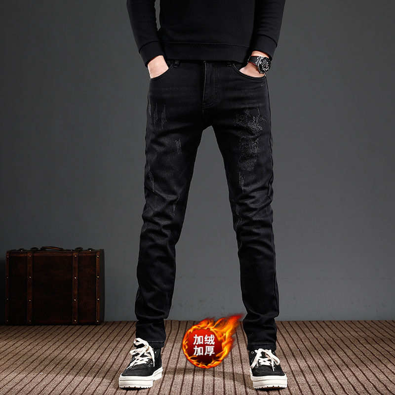 潮牌刺绣加绒加厚牛仔裤男