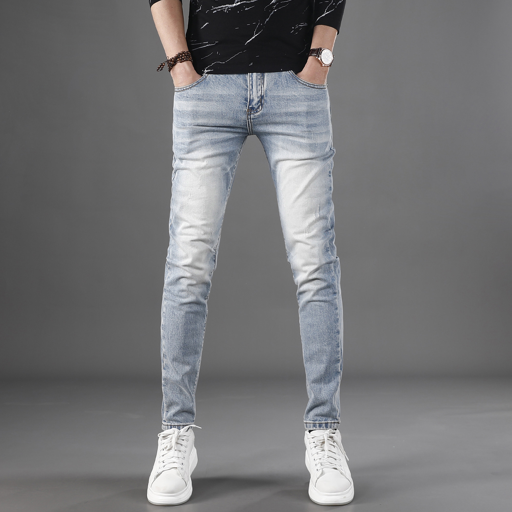 牛仔裤男2026新款水洗做旧磨白夏季薄款修身小脚弹力显瘦休闲裤子