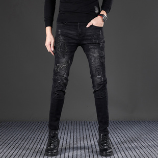 2024冬季黑色刺绣烫印加绒牛仔裤男款修身小脚弹力裤子秋冬款长裤