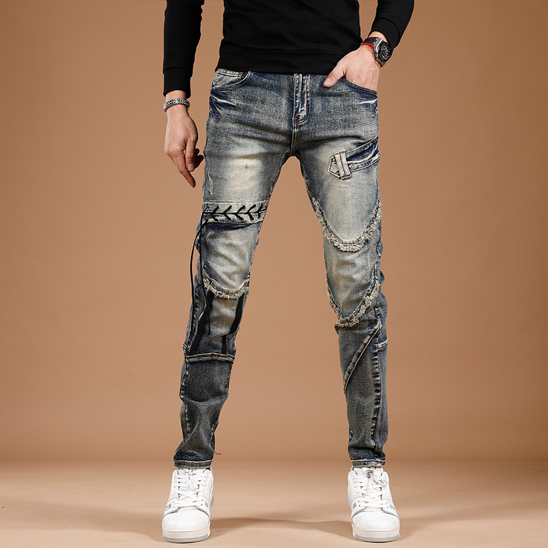 美式复古拼接小众牛潮牌仔裤男