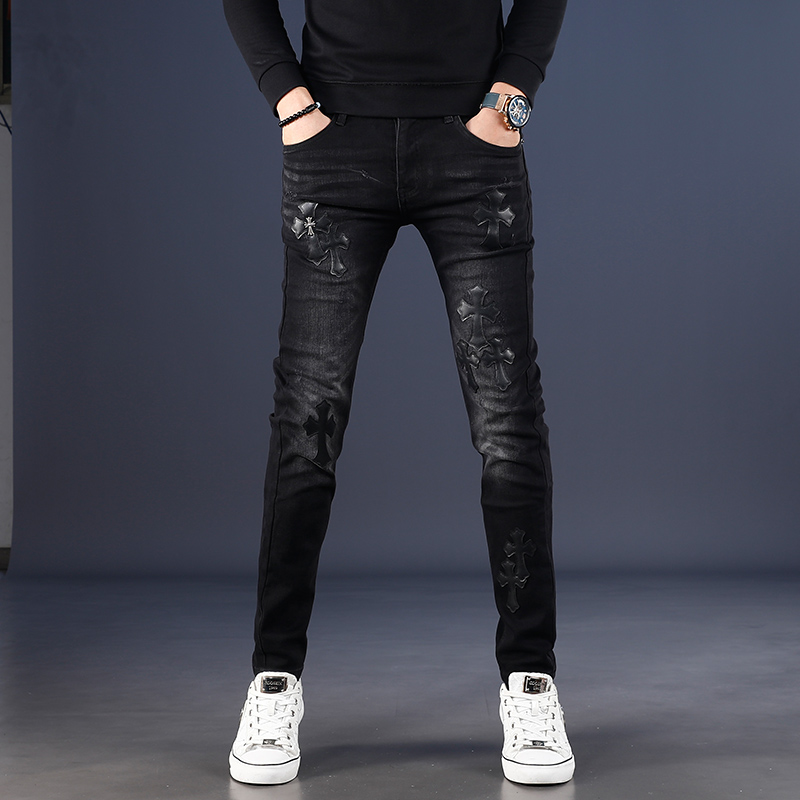 名士鲨秋冬黑色个性贴标牛仔裤男