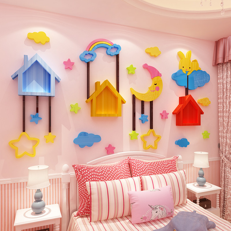 儿童房墙面装饰女孩公主房间布置卧室床头墙贴纸画亚克力3d立体