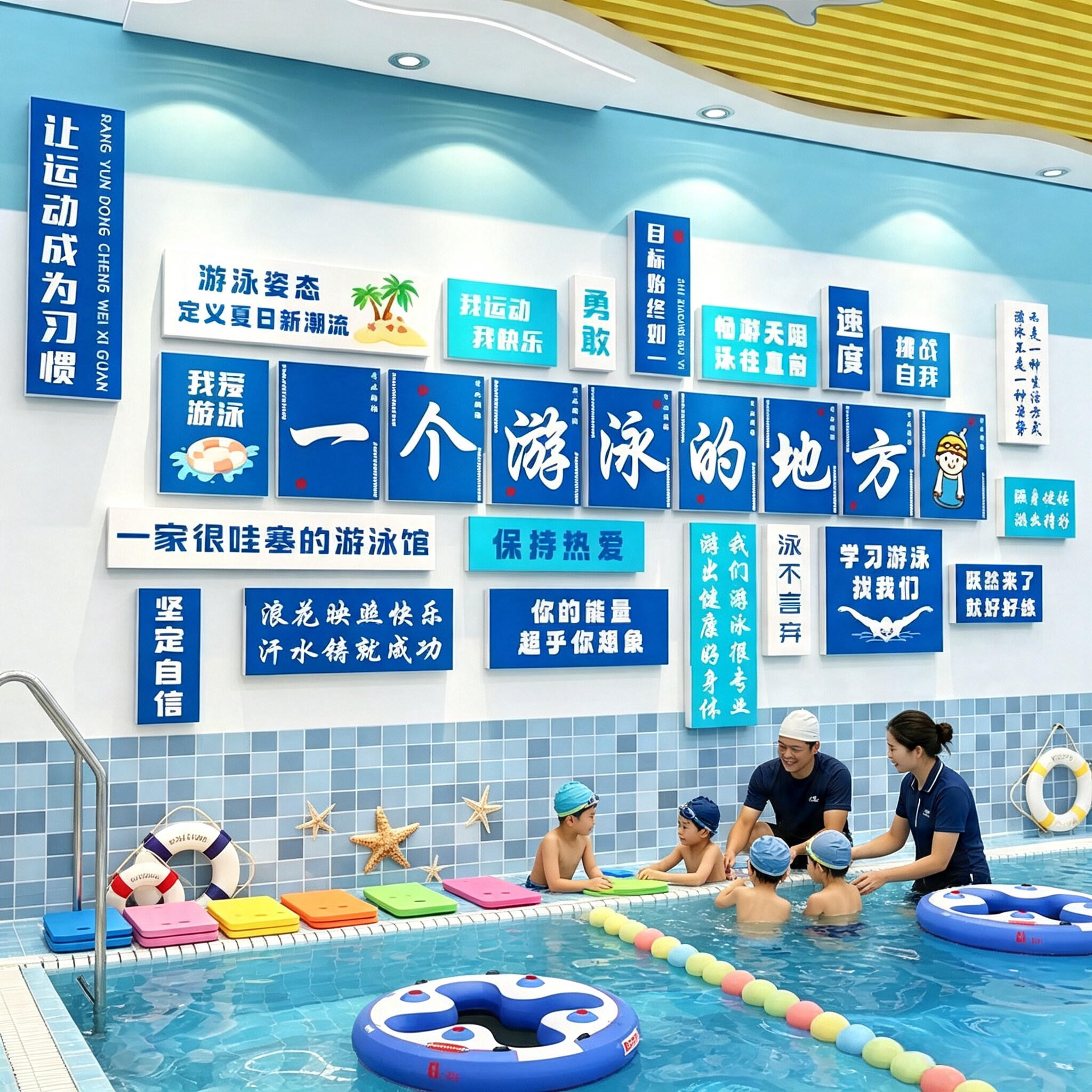 游泳馆池墙面装饰儿童母婴店布置文化背景形象健身房防水贴纸挂画