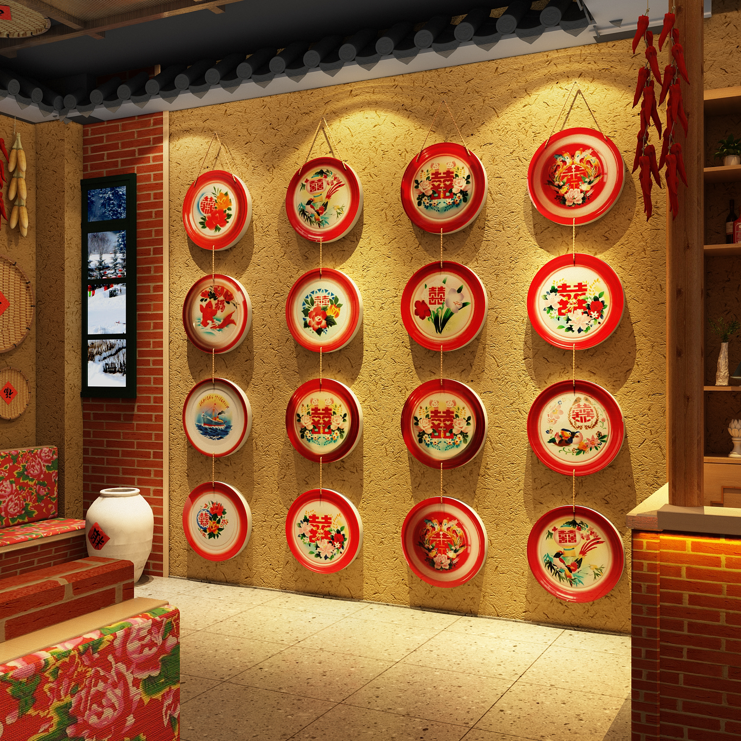 搪瓷盘东北风格墙面装饰火锅店餐饮壁画贴破80年代怀旧老物件布置