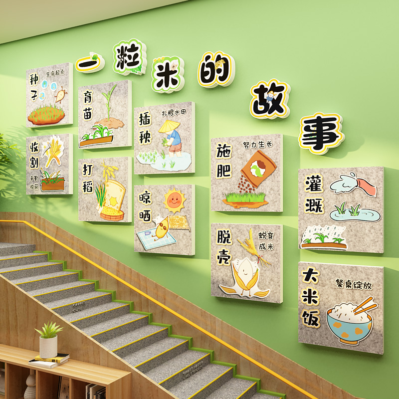 幼儿园环创主题墙成品文化墙面装饰饭桌食堂托管班一粒米的故事贴