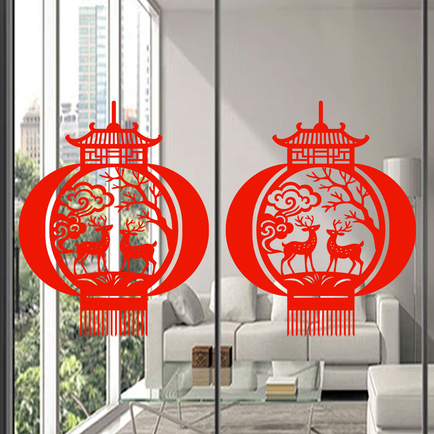 灯笼窗花麋鹿剪纸福禄静电贴纸玻璃贴窗贴2026马年新年新春水贴