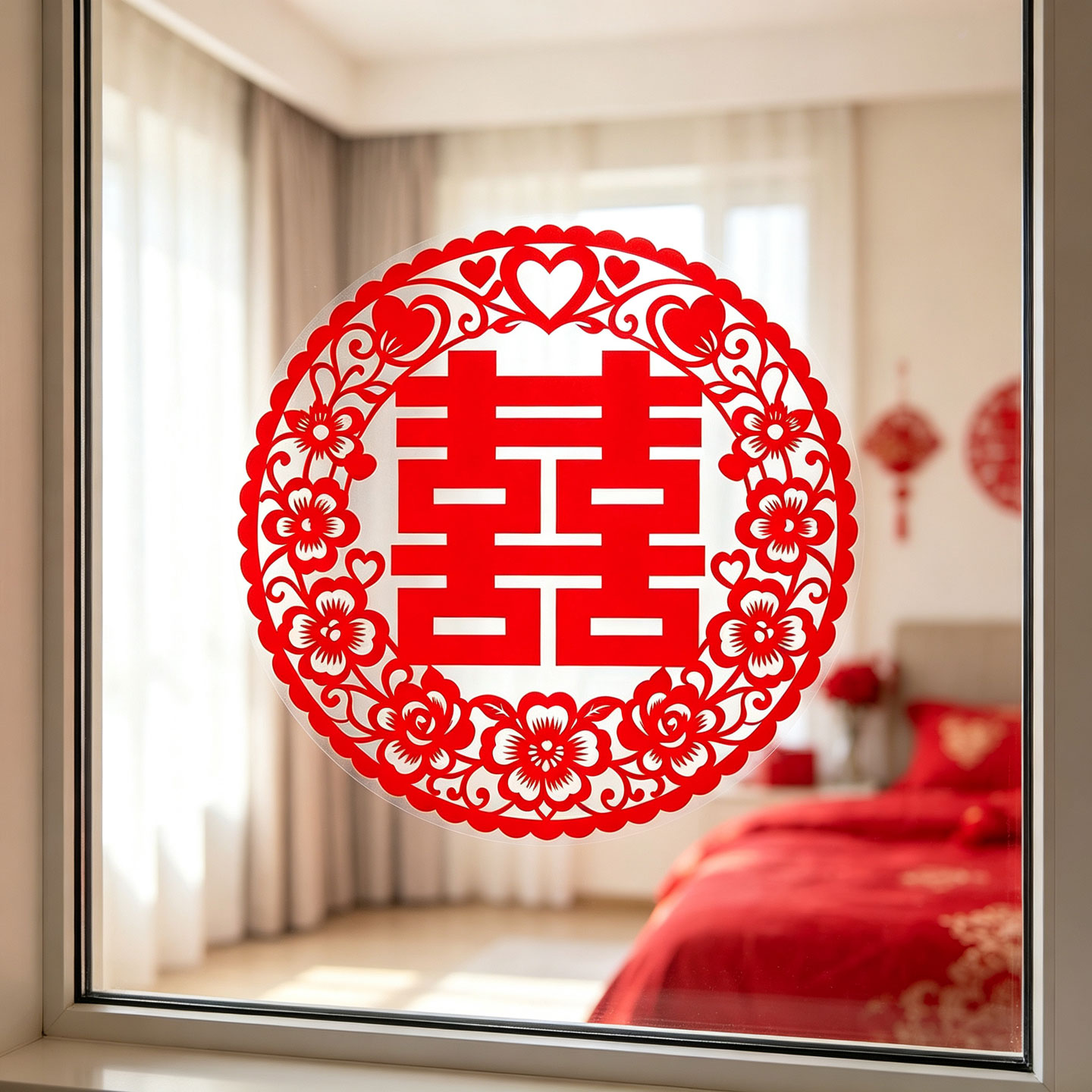 喜字窗花结婚静电贴纸双喜婚房窗户窗贴客厅阳台玻璃门贴水贴