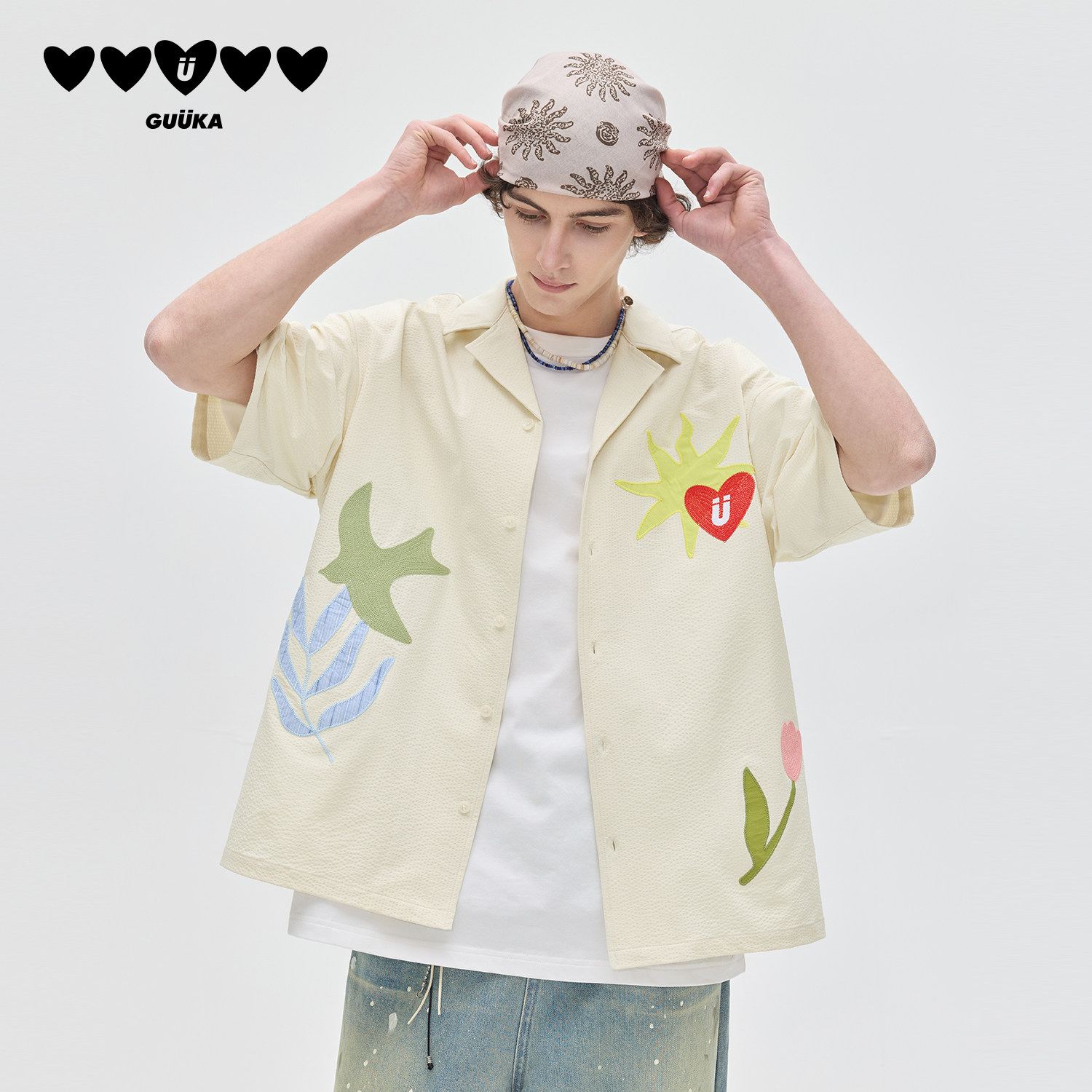 郝熠然同款GUUKA度假风泡泡纱短袖衬衫男新款 爱心刺绣衬衣女外套