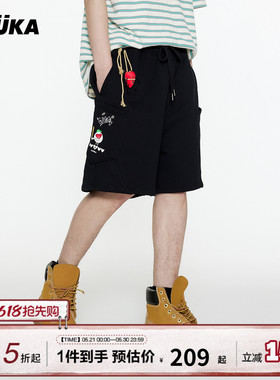 GUUKA潮牌黑色休闲短裤男重磅纯棉五分裤 可拆卸毛绒爱心中裤宽松