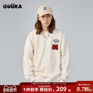 GUUKA&Agaho联名奶黄圆领卫衣男 毛不易同款美式情侣红花上衣宽松