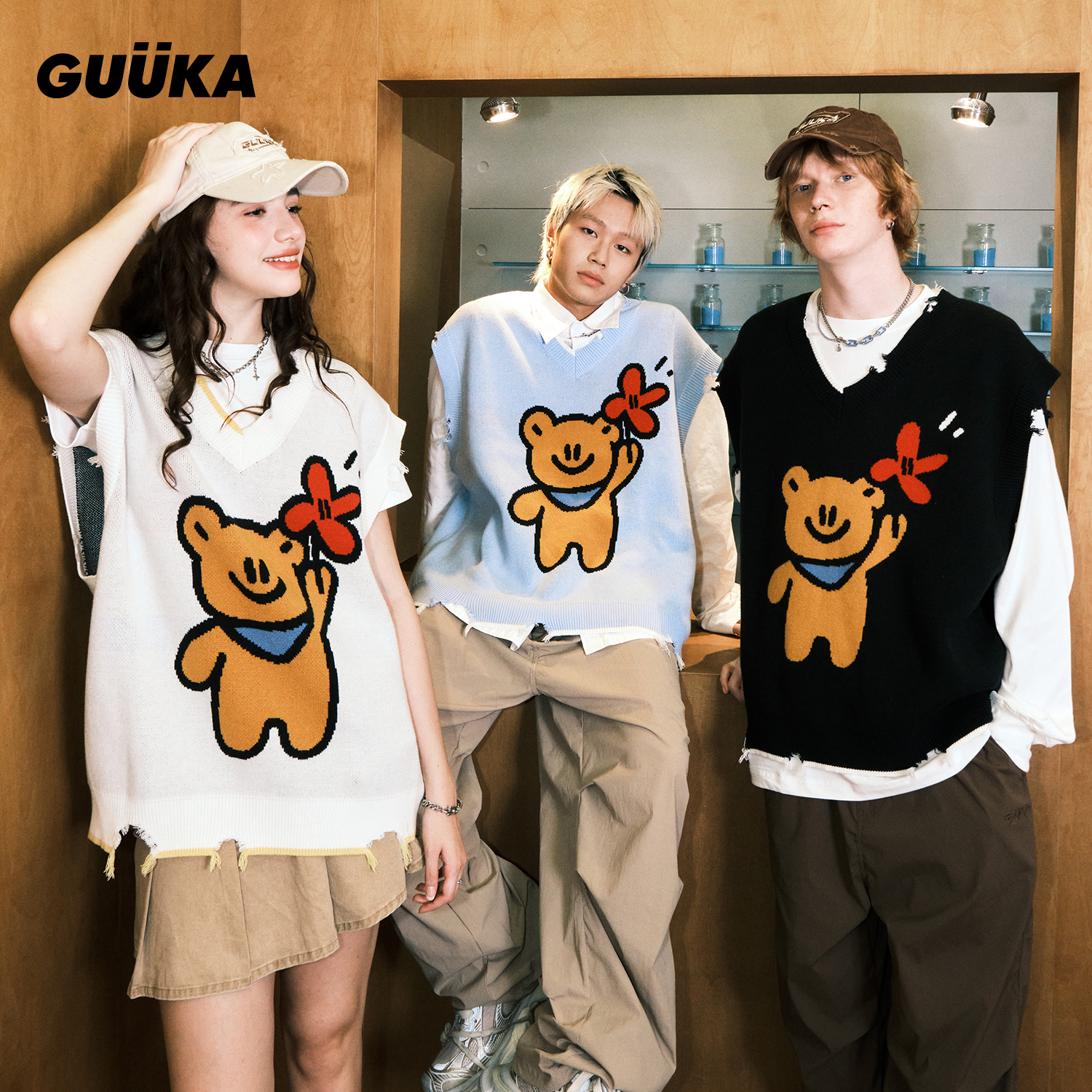 GUUKA情侣小熊毛衣背心