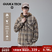 TECH美式 复古衬衫 男款 GUUKA 长袖 衬衣绵羊毛连帽格子外套落肩宽松