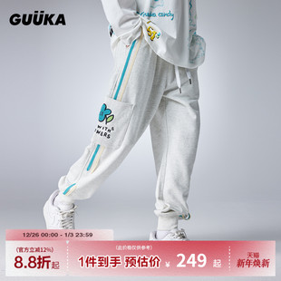 宽松 加绒加厚束脚运动裤 GUUKA&Agaho联名花杏撞色条纹重磅卫裤 男