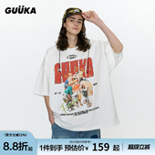 重磅纯棉做旧字母印花上衣 街头半袖 GUUKA白色廓形短袖 T恤男夏美式