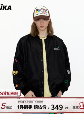 【防水尼龙】GUUKA黑色美式飞行夹克男 爱心四叶草棒球领正肩外套