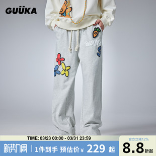 宽松阔腿裤 GUUKA&Agaho联名美式 魔术贴休闲直筒长裤 男 子 重磅卫裤