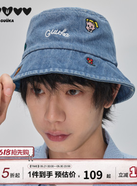 GUUKA&原田治联名蓝色牛仔渔夫帽女夏新款童趣风复古防晒遮阳帽男