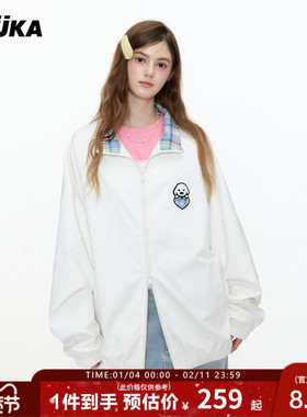 GUUKA&matsui联名白色撞色立领秋季外套女小狗刺绣插肩袖夹克合身