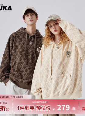 GUUKA潮牌cityboy日系连帽卫衣男新款情侣奶黄色复古满印帽衫宽松