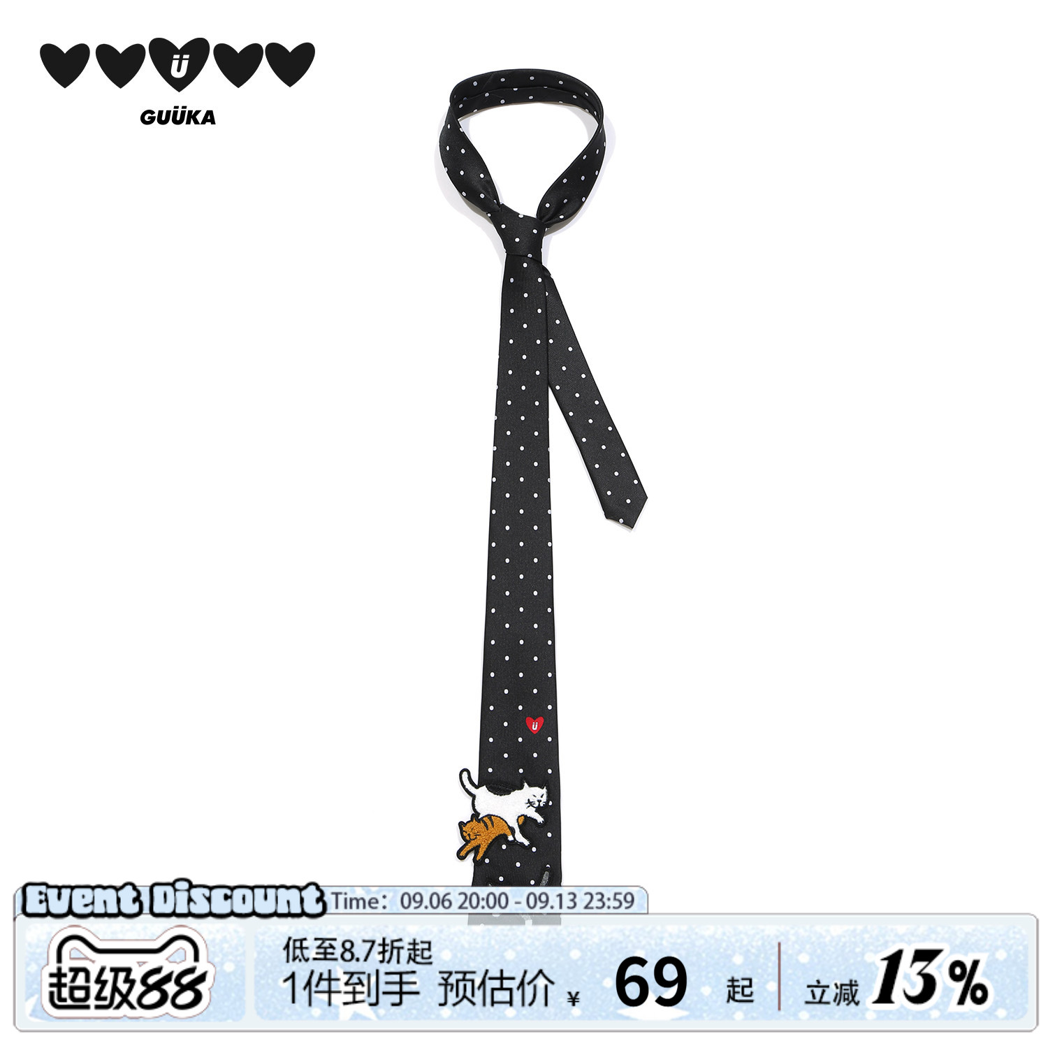 GUUKA黑色猫咪波点领带图片