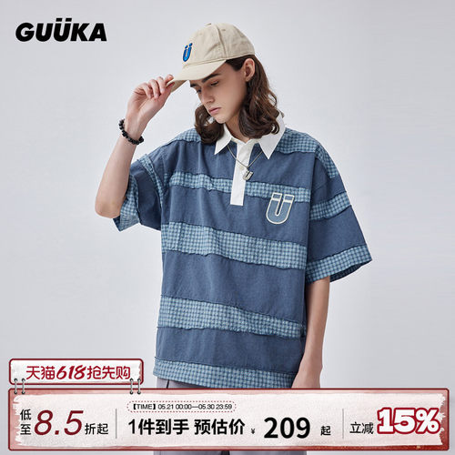 GUUKA格子拼接短袖POLO衫