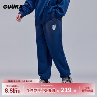 GUUKA蓝色运动卫裤 子ins高街潮宽松 男秋冬加绒加厚复古褪色束脚裤