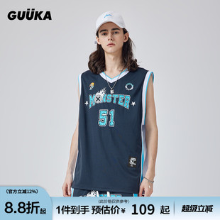 小怪兽V领无袖 潮 男t恤运动宽松 夏季 GUUKA藏蓝色透气篮球背心男款