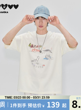GUUKA潮牌白色猫咪涂鸦短袖T恤男款夏季重磅纯棉上衣情侣落肩半袖