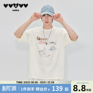 重磅纯棉上衣情侣落肩半袖 夏季 T恤男款 GUUKA潮牌白色猫咪涂鸦短袖