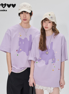 GUUKA潮牌暴躁猫咪紫色t恤男夏季圆领短袖像素风重磅纯棉落肩半袖