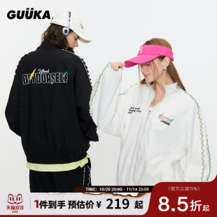 GUUKA潮牌黑色外套男字母刺绣春季 宽松 情侣立领落肩夹克运动套装