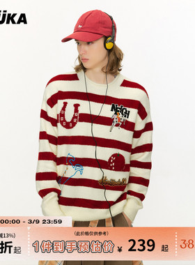 GUUKA马年本命年衣服红白撞色条纹圆领毛衣男 字母刺绣落肩针织衫