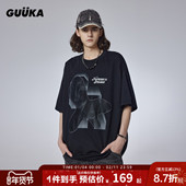 青少年贴布绣半袖 GUUKA黑色廓形短袖 t恤男重磅纯棉夏新款 上衣宽松