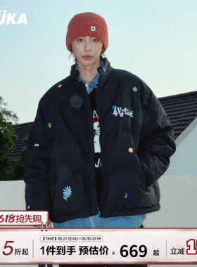 郑业成同款GUUKA黑色美式立领短款羽绒服男高充绒 青少年防寒外套