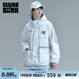 GUUKA潮牌白色连帽风衣男冬季 外套宽松 嘻哈夹克情侣运动多袋工装