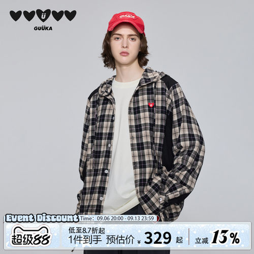 GUUKA抽绳连帽长袖衬衫格子衬衫